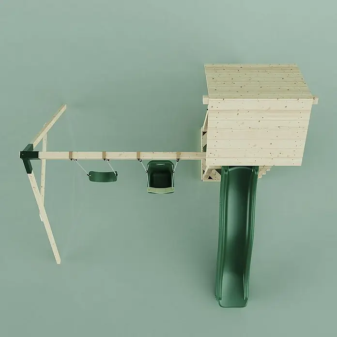 OutdoorToys Kinderspielturm Vimmerby - L x B x H: 332 x 357 x 273 cm, Grün - Ein Spielplatz mit Schaukeln, Rutsche und Spielhaus. Der Spielplatz ist aus Holz und grünem Kunststoff gefertigt.