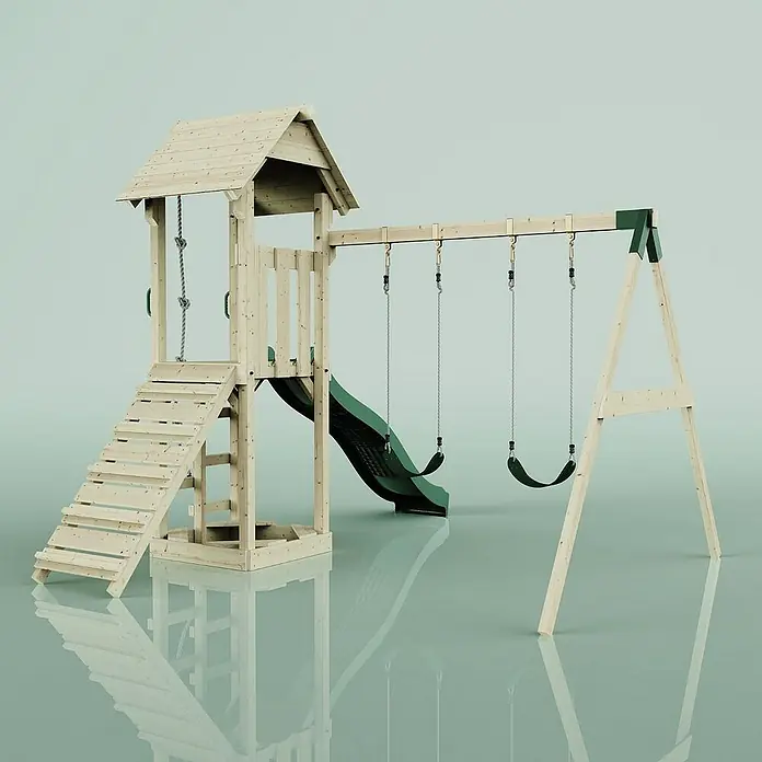 OutdoorToys Kinderspielturm Vimmerby - L x B x H: 332 x 357 x 273 cm, Grün - Abbildung eines hölzernen Kinderspielplatzes mit Schaukeln, Rutsche und Kletterturm, ideal für stundenlangen Spielspaß im Freien.