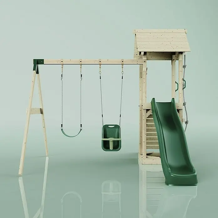 OutdoorToys Kinderspielturm Vimmerby - L x B x H: 332 x 357 x 273 cm, Grün - Abbildung eines Spielplatzes mit Schaukeln und einer Rutsche. Perfekt für Kinder zum Spielen und Spaß haben.