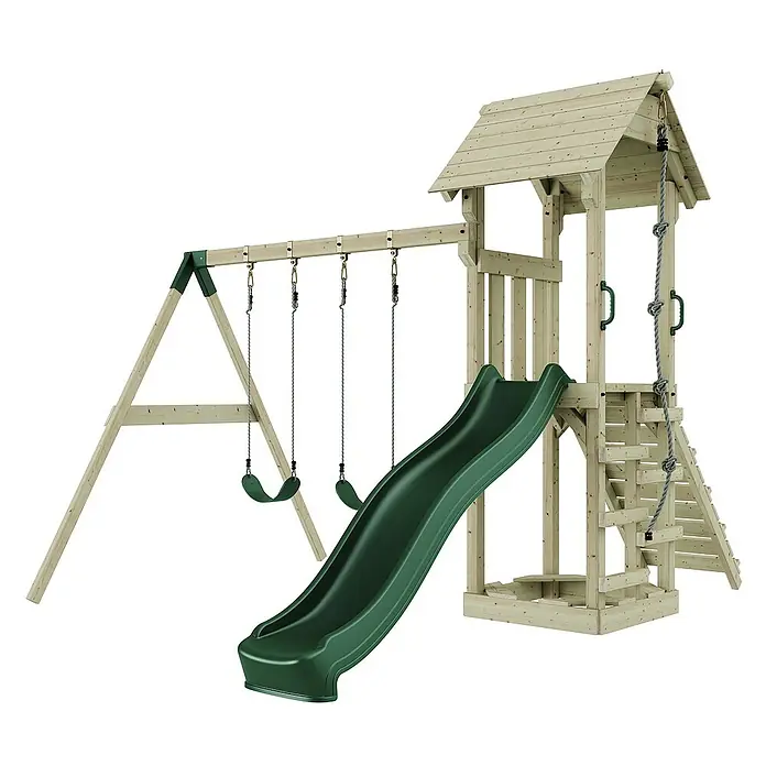 OutdoorToys Kinderspielturm Vimmerby - L x B x H: 332 x 357 x 273 cm, Grün - Holzspielplatz mit Schaukeln, Rutsche und Kletterturm für Kinder zum Spielen und Spaß haben im Garten.