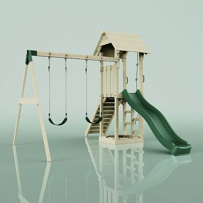 OutdoorToys Kinderspielturm Vimmerby - L x B x H: 332 x 357 x 273 cm, Grün - Gartenspielplatz aus Holz mit Schaukeln und Rutsche für Kinder, ideal für den Garten oder den Spielplatz.