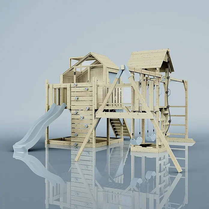 OutdoorToys Kinderspielturm Polarplay Knut - L x B x H: 490 x 503 x 291 cm, Blau - Großes Spielhaus aus Holz mit Rutsche, Schaukeln und Kletterwand für stundenlangen Spielspaß im Garten.