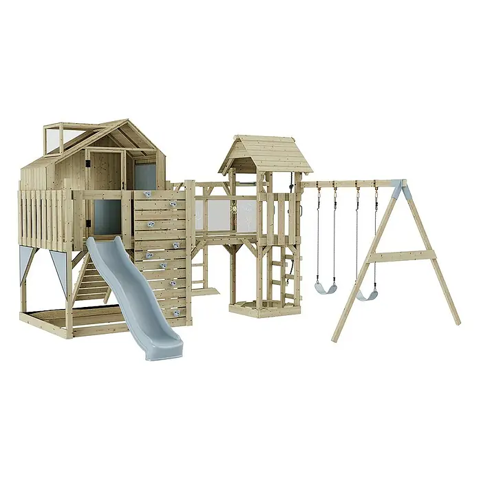 OutdoorToys Kinderspielturm Polarplay Knut - L x B x H: 490 x 503 x 291 cm, Blau - Hölzernes Spielgerät mit Rutsche, Schaukeln und Kletterwand für Kinder zum Austoben im Garten.