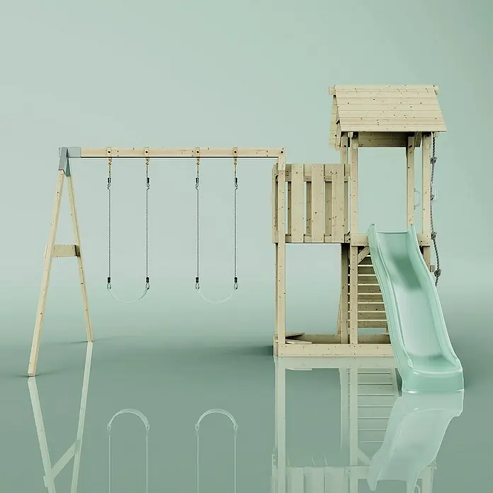 OutdoorToys Kinderspielturm Uppsala - L x B x H: 373 x 357 x 273 cm, Grün - Holzspielplatz mit Schaukel und Rutsche. Ideal für stundenlangen Spaß im Freien. Perfekt für Kinder, die gerne aktiv sind.