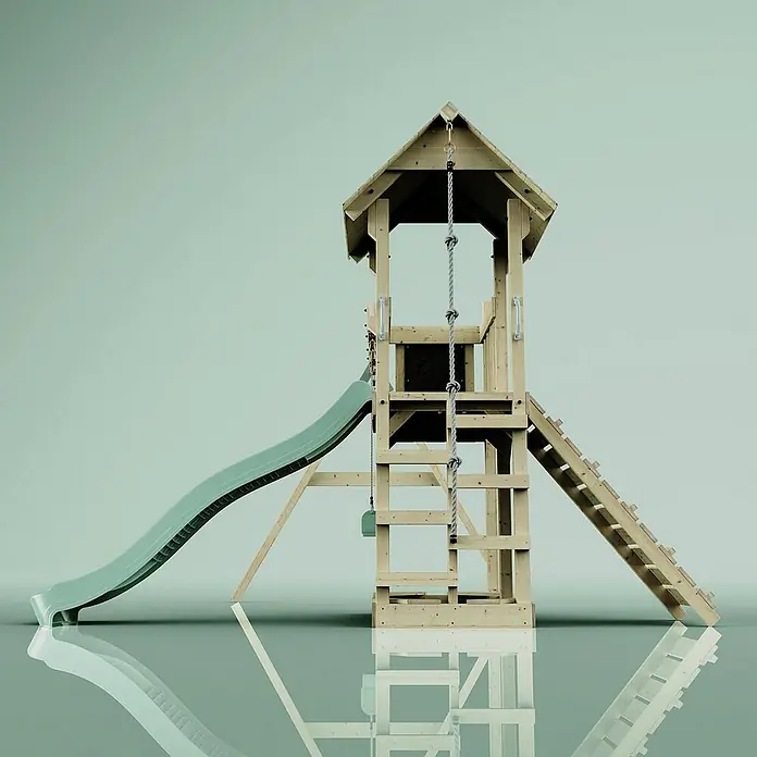 OutdoorToys Kinderspielturm Uppsala - L x B x H: 373 x 357 x 273 cm, Grün - Holzspielturm mit Rutsche, Strickleiter und Kletterwand für Kinder zum Spielen im Freien. Inklusive Leiteraufgang.