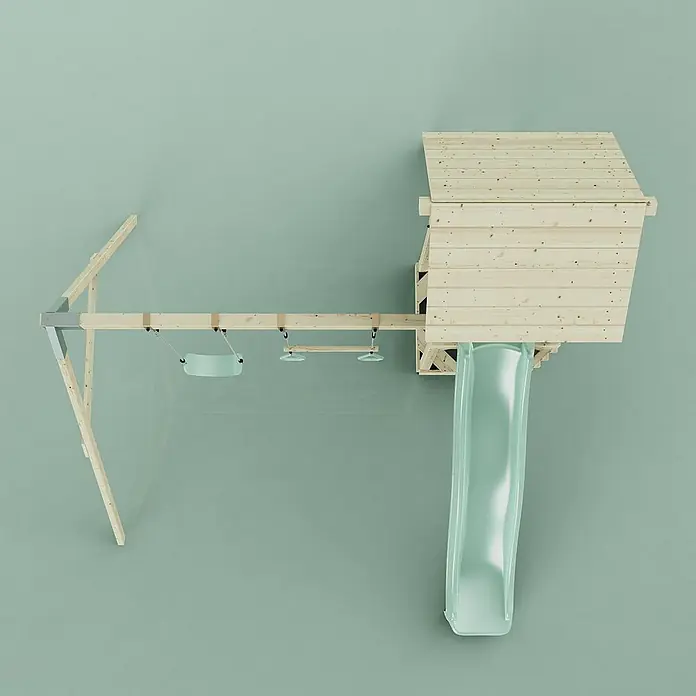 OutdoorToys Kinderspielturm Vimmerby - L x B x H: 332 x 357 x 273 cm, Grün - Holzspielplatz mit Schaukel, Klettergerüst und Rutsche, ideal für stundenlangen Spaß im Freien. Robuste Konstruktion für sicheres Spielen.