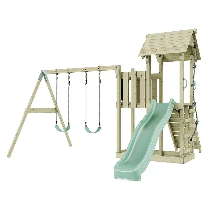 OutdoorToys Kinderspielturm Uppsala - L x B x H: 373 x 357 x 273 cm, Grün - Holzspielplatz mit Schaukeln, Turm, Rutsche und Kletterseil für stundenlangen Spielspaß im Freien. Perfekt für Kinder jeden Alters!