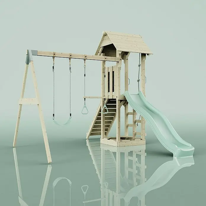 OutdoorToys Kinderspielturm Vimmerby - L x B x H: 332 x 357 x 273 cm, Grün - Ein hölzerner Kinderspielplatz mit Schaukel, Rutsche und Kletterturm, ideal für stundenlangen Spaß im Freien. Der Spielplatz ist aus hellem Holz gefertigt.