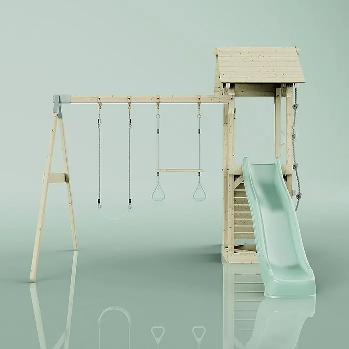 OutdoorToys Kinderspielturm Vimmerby - L x B x H: 332 x 357 x 273 cm, Grün - Das Spielgerüst mit Schaukel, Kletterwand und Rutsche bietet stundenlangen Spaß im Garten. Ideal für aktive Kinder, die gerne spielen und toben.
