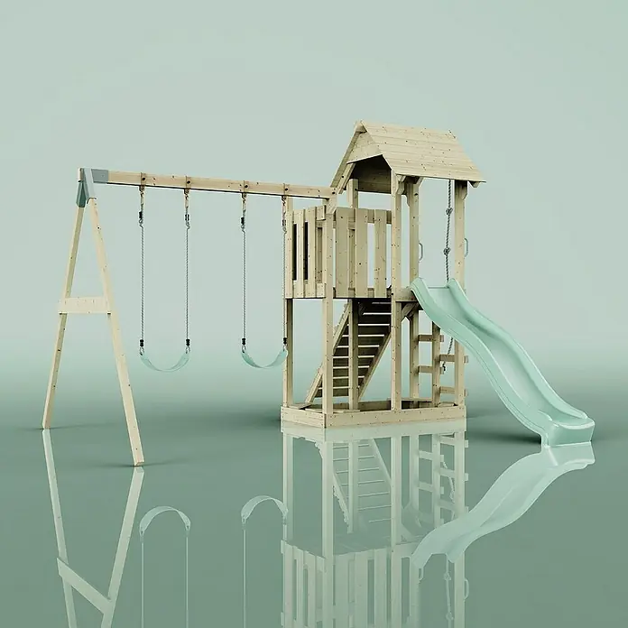OutdoorToys Kinderspielturm Uppsala - L x B x H: 373 x 357 x 273 cm, Grün - Holzspielplatz mit Schaukeln und Rutsche. Ideal für Spaß im Freien. Kinder können sich austoben und ihre motorischen Fähigkeiten verbessern.