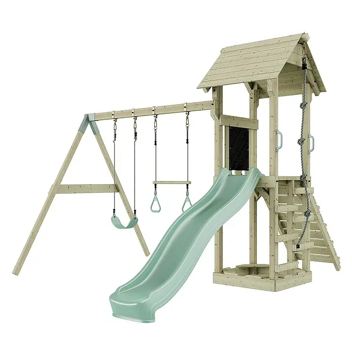 OutdoorToys Kinderspielturm Vimmerby - L x B x H: 332 x 357 x 273 cm, Grün - Ein helles Holzspielplatzset mit Schaukel, Rutsche, Kletterseil und Turm für stundenlangen Spaß im Freien.