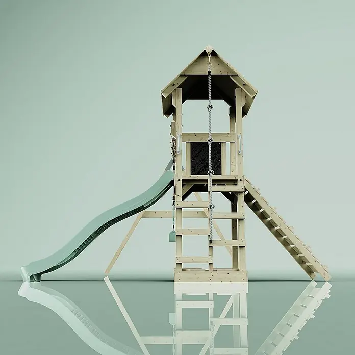 OutdoorToys Kinderspielturm Vimmerby - L x B x H: 332 x 357 x 273 cm, Grün - Hölzerner Spielturm mit Rutsche, Leiter und Kletterseil für Kinder zum Spielen im Freien. Das perfekte Spielgerät für den Garten.