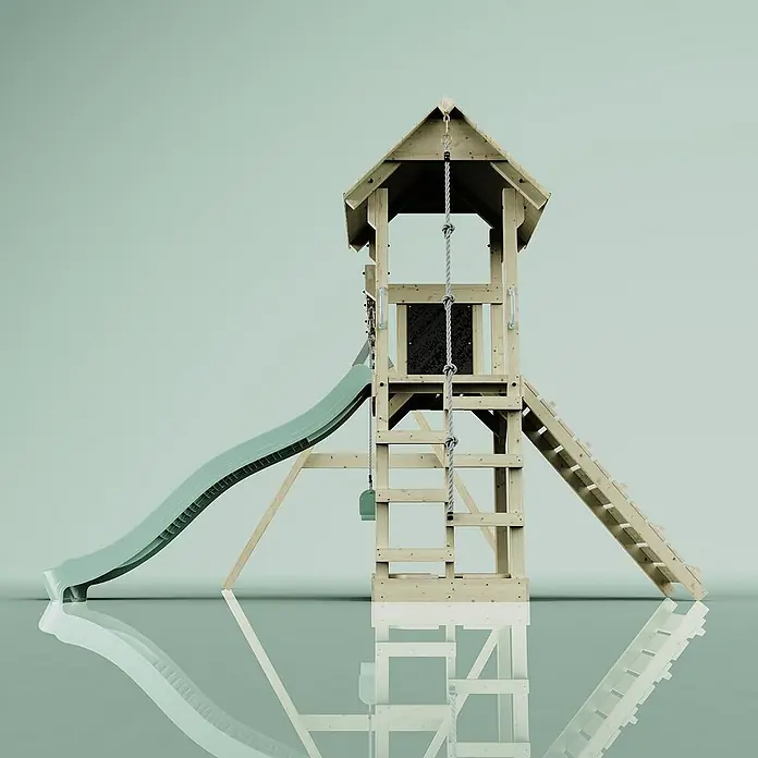 OutdoorToys Kinderspielturm Vimmerby - L x B x H: 332 x 357 x 273 cm, Grün - Holz-Klettergerüst mit Rutsche und Leiter, ideal für stundenlangen Spielspaß im Garten. Robuste Konstruktion für sicheres Spielen.