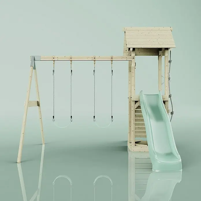 OutdoorToys Kinderspielturm Vimmerby - L x B x H: 332 x 357 x 273 cm, Grün - Holzspielplatz mit Schaukeln, Rutsche und Kletterturm für Kinder zum Spielen im Garten.