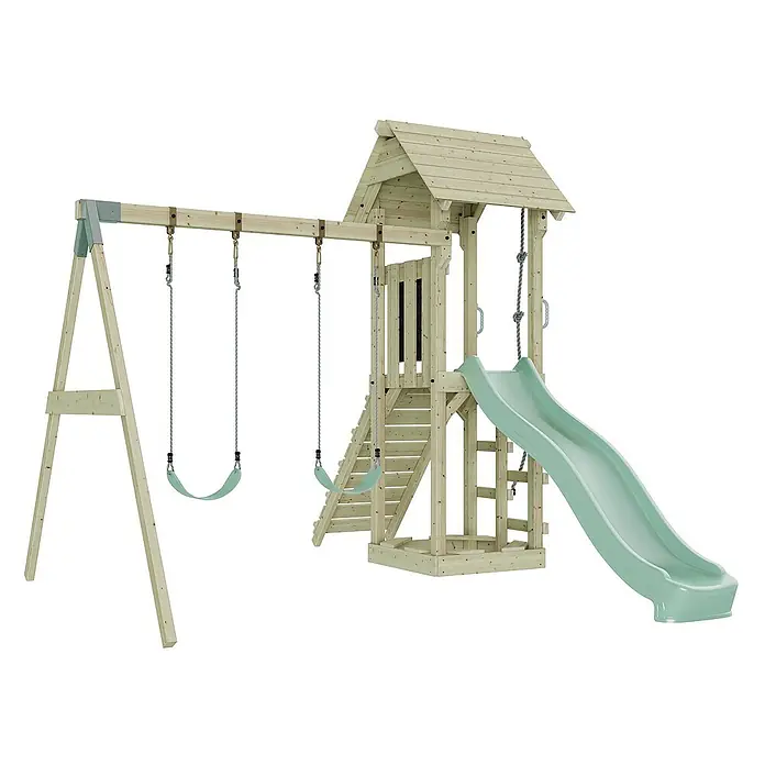 OutdoorToys Kinderspielturm Vimmerby - L x B x H: 332 x 357 x 273 cm, Grün - Abenteuerlicher Spielplatz aus Holz mit Schaukeln, Rutsche und Kletterturm für fantasievolle Stunden im Freien.