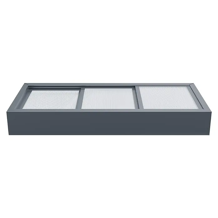 Gardol Frühbeet-Aufsatz - Passend für: Gardol Metall-Hochbeete 1,5 x 0,7 m - Das Bild zeigt eine Kühlvitrine mit drei Fächern und transparenten Abdeckungen, die einen klaren Blick auf die darin enthaltenen Produkte ermöglichen.