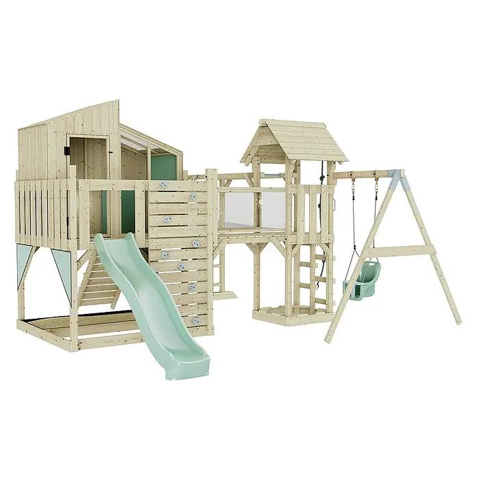 OutdoorToys Kinderspielturm Polarplay Liv - L x B x H: 400 x 503 x 291 cm, Grün - Ein detailreiches Bild eines hölzernen Kinderspielplatzes mit Rutsche, Kletterwand und Schaukel. Ideal für Outdoor-Spaß und Abenteuer.