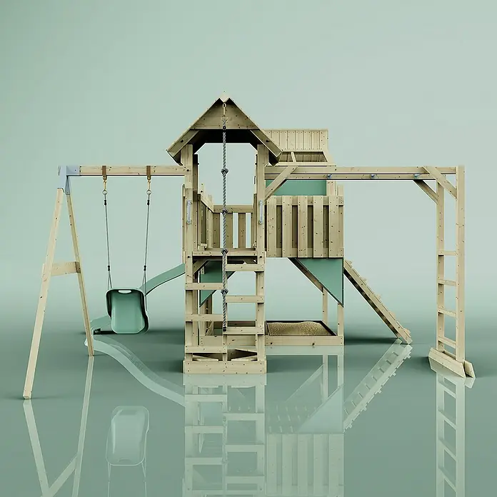 OutdoorToys Kinderspielturm Polarplay Liv - L x B x H: 400 x 503 x 291 cm, Grün - Holzspielplatz mit Schaukel, Rutsche und Kletterwand. Ideal für den Garten und aktive Kinder.