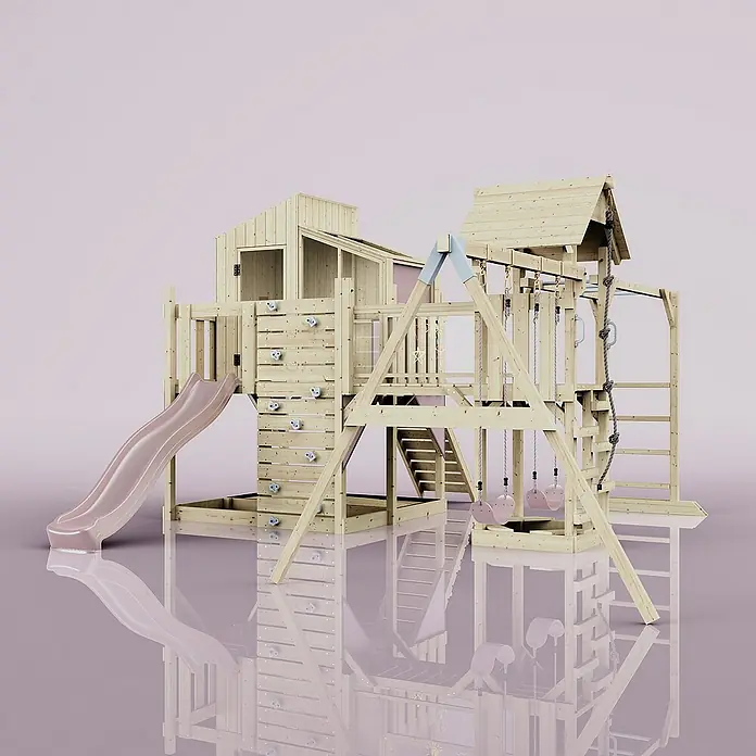 OutdoorToys Kinderspielturm Polarplay Emma - L x B x H: 490 x 503 x 291 cm, Rosa - Dieser Spielplatz aus Holz ist mit einer Rutsche, einer Kletterwand und Schaukeln ausgestattet. Das perfekte Outdoor-Spielzeug für Kinder.