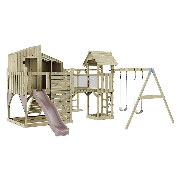 OutdoorToys Kinderspielturm Polarplay Emma - L x B x H: 490 x 503 x 291 cm, Rosa - Abbildung eines hölzernen Spielhauses mit Rutsche, Kletterwand und Schaukeln für Kinder, ideal für den Garten.
