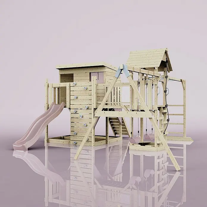 OutdoorToys Kinderspielturm Polarplay Johanna - L x B x H: 490 x 503 x 274 cm, Rosa - Ein detailreiches Bild eines hölzernen Kinderspielhauses mit Rutsche, Schaukeln und Kletterwand, ideal für den Garten.