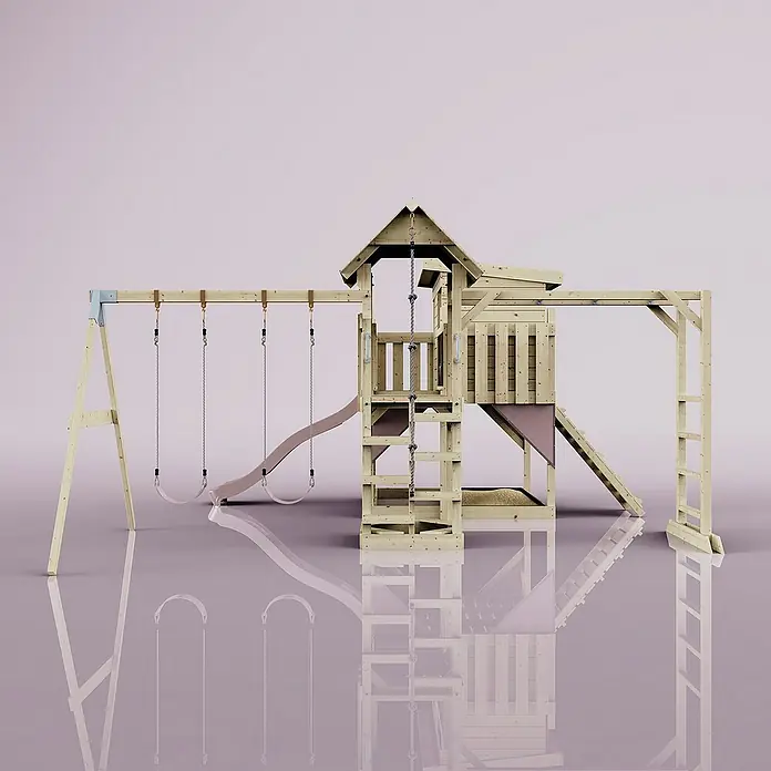 OutdoorToys Kinderspielturm Polarplay Johanna - L x B x H: 490 x 503 x 274 cm, Rosa - Ein detailreiches Bild eines hölzernen Kinderspielhauses mit Schaukeln, Rutsche und Klettergerüst. Ideal für stundenlangen Spielspaß im Garten.