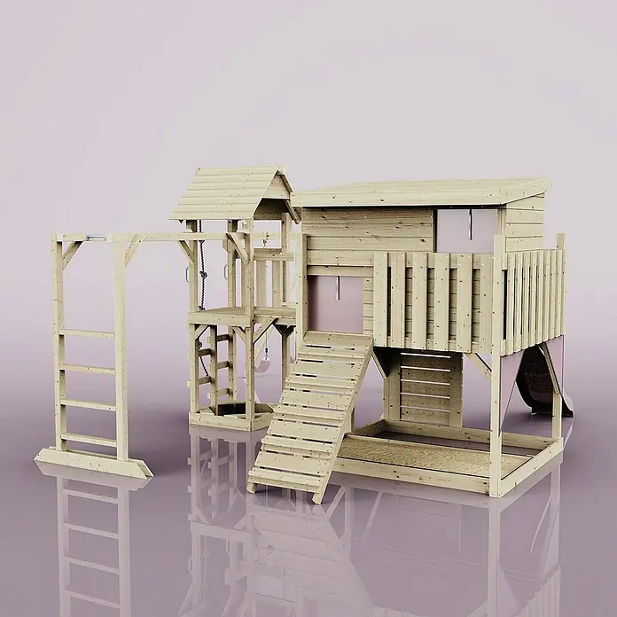 OutdoorToys Kinderspielturm Polarplay Johanna - L x B x H: 490 x 503 x 274 cm, Rosa - Hölzerner Spielturm mit Klettergerüst, Rutsche und Schaukel für Kinder zum Spielen und Toben im Garten.