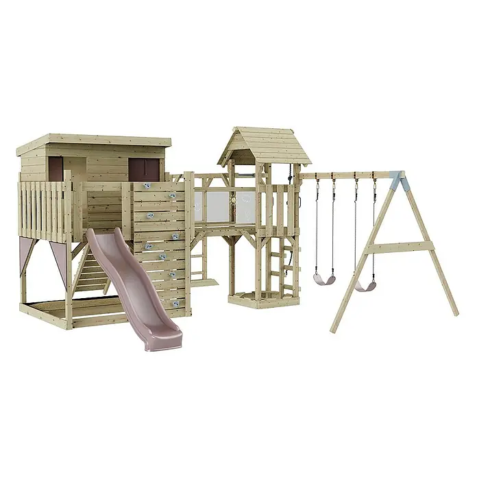 OutdoorToys Kinderspielturm Polarplay Johanna - L x B x H: 490 x 503 x 274 cm, Rosa - Holzspielplatz mit Rutsche, Schaukel und Kletterwand für Kinder zum Spielen und Spaß haben im Garten.