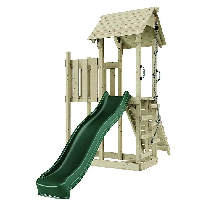 OutdoorToys Kinderspielturm Tromso - L x B x H: 153 x 357 x 273 cm, Grün - Abenteuerlicher Spielturm mit Rutsche, Kletterseil und Leiter für stundenlangen Spielspaß im Garten. Ideal für Kinder zum Austoben und Entdecken.