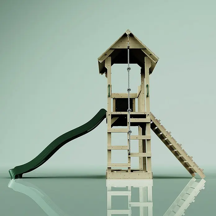 OutdoorToys Kinderspielturm Tromso - L x B x H: 153 x 357 x 273 cm, Grün - Ein hölzerner Kinderspielturm mit Rutsche, Leiter und Kletterseil, ideal für stundenlangen Spaß im Garten.