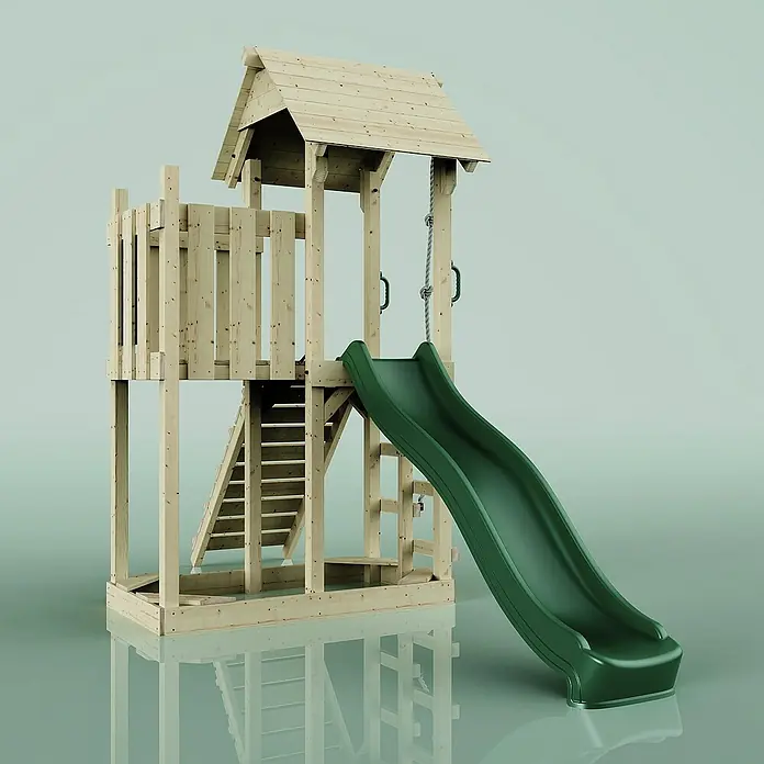 OutdoorToys Kinderspielturm Tromso - L x B x H: 153 x 357 x 273 cm, Grün - Spielturm mit Rutsche und Klettergerüst für Kinder, ideal für den Garten.