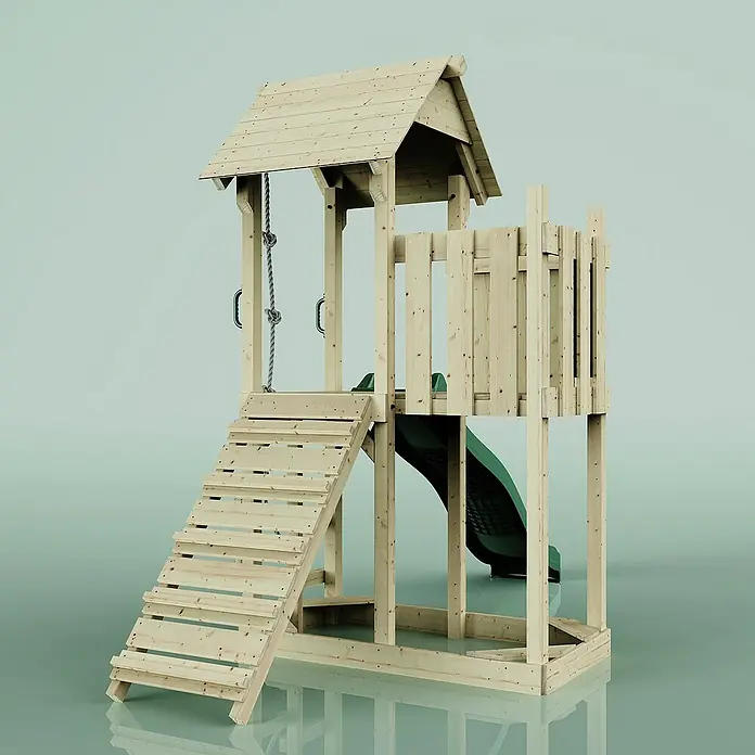 OutdoorToys Kinderspielturm Tromso - L x B x H: 153 x 357 x 273 cm, Grün - Holzspielturm mit Rutsche und Treppe für Kinder, ideal für den Garten und zur Förderung der Aktivität.