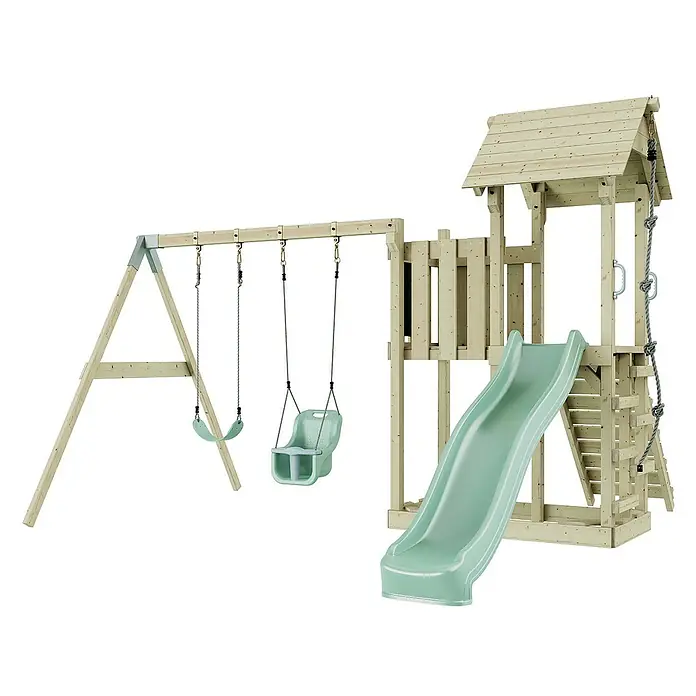 OutdoorToys Kinderspielturm Uppsala - L x B x H: 373 x 357 x 273 cm, Grün - Holzspielplatz mit Schaukeln, Rutsche und Kletterturm für Kinder zum Spielen und Spaß haben im Garten.
