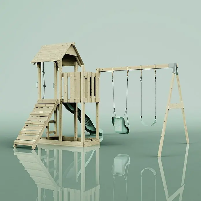 OutdoorToys Kinderspielturm Uppsala - L x B x H: 373 x 357 x 273 cm, Grün - Holzspielplatz mit Rutsche und Schaukeln für Kinder zum Spielen und Spaß haben im Garten. Ideal für aktive Kinder.