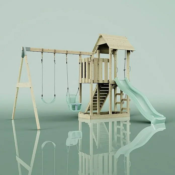 OutdoorToys Kinderspielturm Uppsala - L x B x H: 373 x 357 x 273 cm, Grün - Ein vielseitiger Holzspielplatz mit Schaukeln und Rutsche, ideal für stundenlangen Spaß im Freien. Langlebig und sicher für Kinder jeden Alters.
