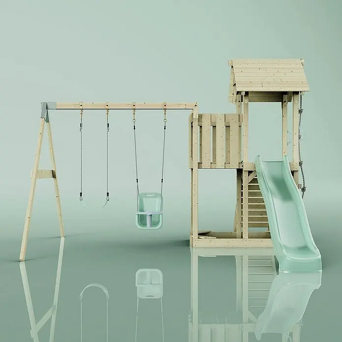 OutdoorToys Kinderspielturm Uppsala - L x B x H: 373 x 357 x 273 cm, Grün - Holzspielplatz mit Schaukel und Rutsche. Ideal für Kinder zum Spielen und Spaß haben im Garten.