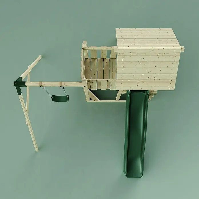 OutdoorToys Kinderspielturm Bergen - L x B x H: 283 x 357 x 273 cm, Grün - Detailansicht eines Spielturms mit Rutsche und Schaukel für Kinder. Der Turm ist aus hellem Holz gefertigt.