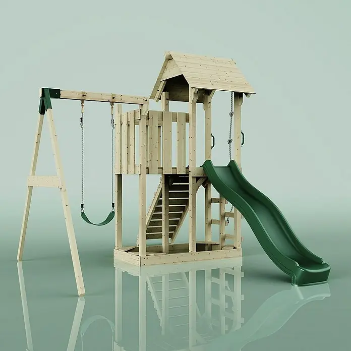 OutdoorToys Kinderspielturm Bergen - L x B x H: 283 x 357 x 273 cm, Grün - Holzspielturm mit Schaukel und Rutsche für Kinder zum Spielen und Spaß haben im Garten.