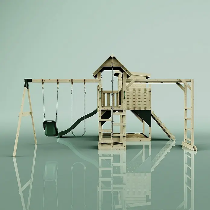 OutdoorToys Kinderspielturm Polarplay Malou - L x B x H: 562 x 503 x 274 cm, Grün - Ein detailreiches Bild eines hölzernen Spielhauses mit Schaukel, Rutsche und Klettergerüst. Ideal für Spielplätze im Freien.