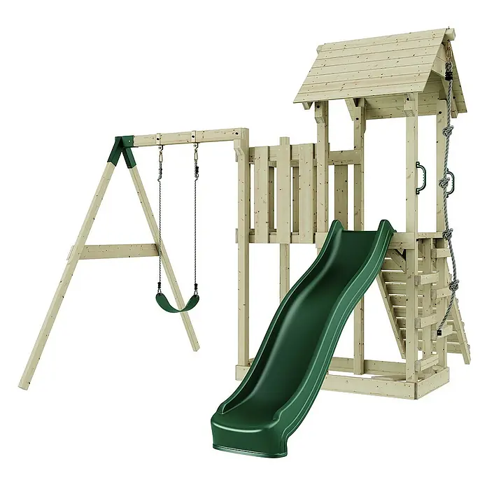 OutdoorToys Kinderspielturm Bergen - L x B x H: 283 x 357 x 273 cm, Grün - Holzspielplatz mit Schaukel, Turm und Rutsche, ideal für Kinder zum Spielen im Freien und für Abenteuer im Garten.
