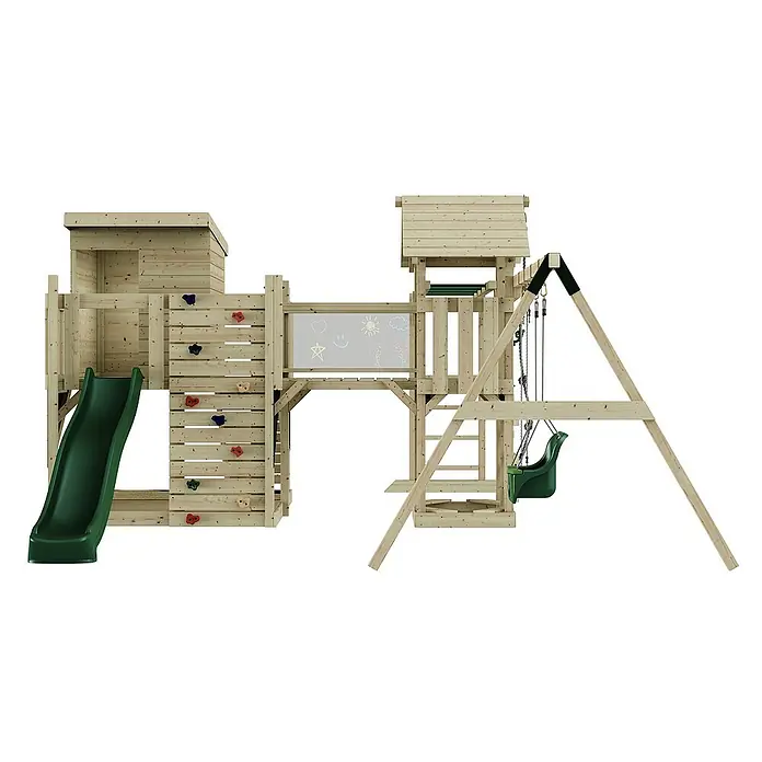 OutdoorToys Kinderspielturm Polarplay Malou - L x B x H: 562 x 503 x 274 cm, Grün - Hölzernes Spielgerüst mit Rutsche, Kletterwand und Schaukel für Kinder. Das perfekte Outdoor-Spielset für stundenlangen Spaß im Garten.