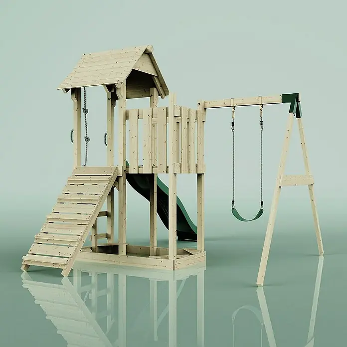 OutdoorToys Kinderspielturm Bergen - L x B x H: 283 x 357 x 273 cm, Grün - Ansicht eines hölzernen Kinderspielplatzes mit Schaukel, Rutsche, Treppe und Turm auf reflektierendem Untergrund.