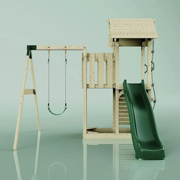 OutdoorToys Kinderspielturm Bergen - L x B x H: 283 x 357 x 273 cm, Grün - Ein detailreiches Bild eines hölzernen Kinderspielplatzes mit Schaukel und Rutsche, ideal für fantasievolles Spielen im Freien.
