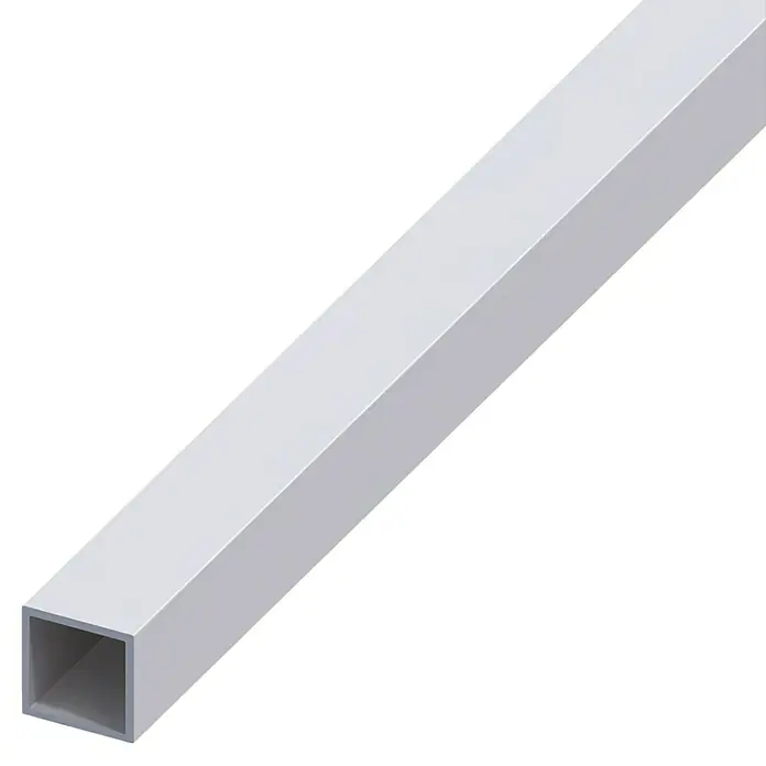 Kantoflex Vierkantrohr - 1.000 x 10 x 10 mm, Stärke: 1 mm, Silber - Aluminium Vierkantrohr mit einer glatten, hellgrauen Oberfläche, das sich diagonal durch das Bild erstreckt und ein minimalistisches Design aufweist.