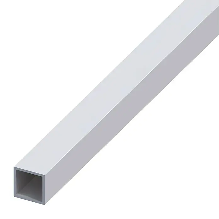 Kantoflex Vierkantrohr1.000 x 15 x 15 mm, Aluminium, Silber, Eloxiert - Aluminium Vierkantrohr mit einer glatten, hellgrauen Oberfläche, das sich diagonal durch das Bild erstreckt und ein minimalistisches Design aufweist.