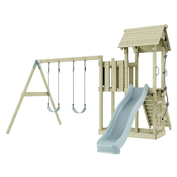 OutdoorToys Kinderspielturm Uppsala - L x B x H: 373 x 357 x 273 cm, Blau - Ein hölzernes Kinderspielplatz-Set mit Schaukeln, Rutsche und Kletterturm für stundenlangen Spaß im Freien.