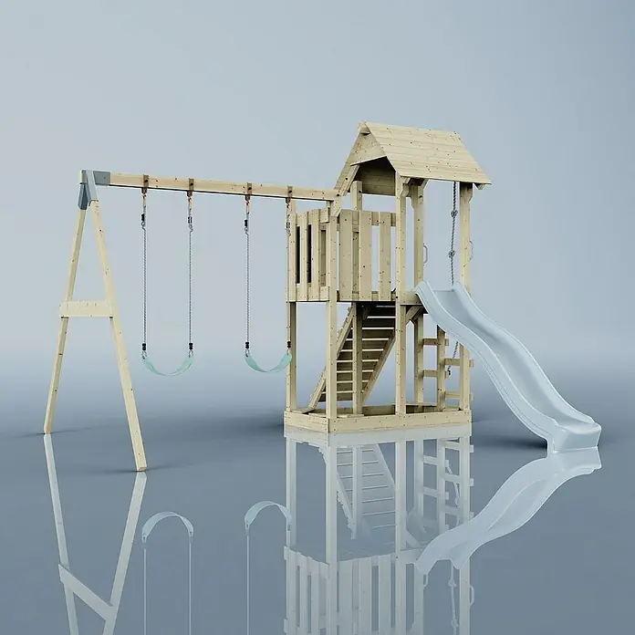 OutdoorToys Kinderspielturm Uppsala - L x B x H: 373 x 357 x 273 cm, Blau - Ein detailreiches Bild eines Holzspielplatzes mit Schaukeln und Rutsche, ideal für Kinder zum Spielen und Austoben.