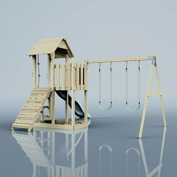 OutdoorToys Kinderspielturm Uppsala - L x B x H: 373 x 357 x 273 cm, Blau - Das Bild zeigt ein hölzernes Kinderspielhaus mit Rutsche und Schaukeln auf reflektierendem Untergrund, ideal für den Garten.