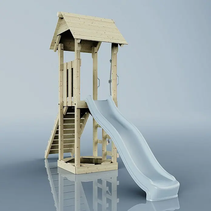 OutdoorToys Kinderspielturm Lillehammer - L x B x H: 112 x 357 x 273 cm, Blau - Hölzerner Spielturm mit Rutsche, ideal für den Garten. Robustes Design für sicheren Spielspaß im Freien.