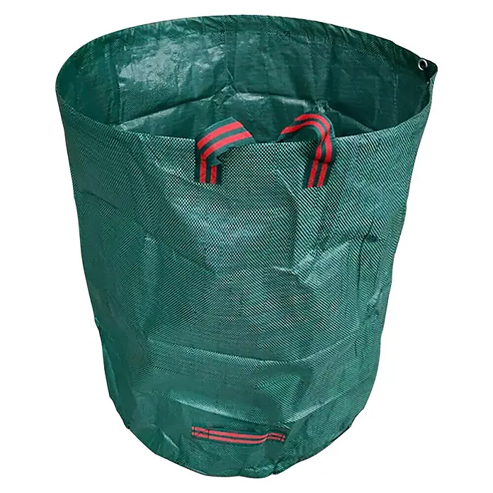 Gardol Gartenabfallsack - Fassungsvermögen: 500 l - Ein großer, grüner Gartensack mit roten Griffen zum Transport von Gartenabfällen oder Laub. Das Produkt ist robust und wiederverwendbar.